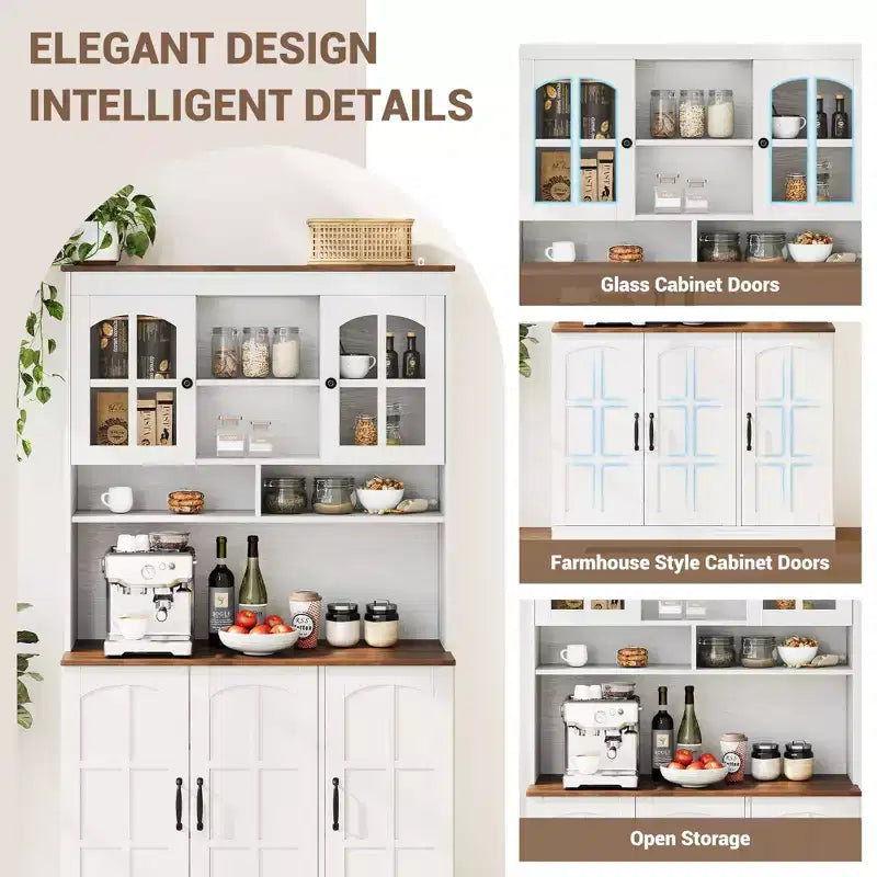 70.9" Tall Pantry Cabinet with Glass Doors, Kitchen Storage with Hutch for Dining Room and Living Room