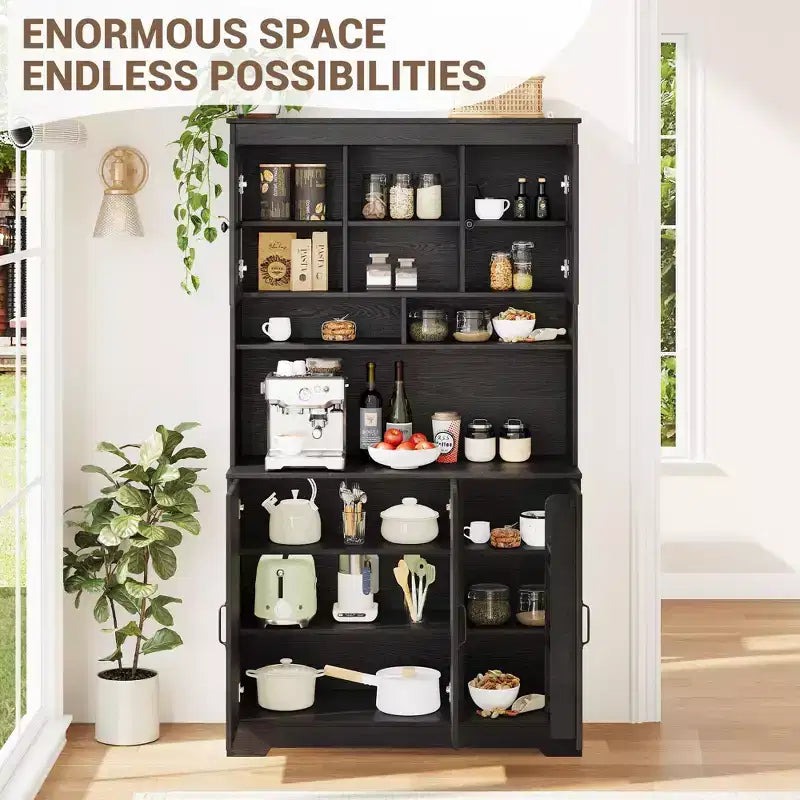 70.9" Tall Pantry Cabinet with Glass Doors, Kitchen Storage with Hutch for Dining Room and Living Room