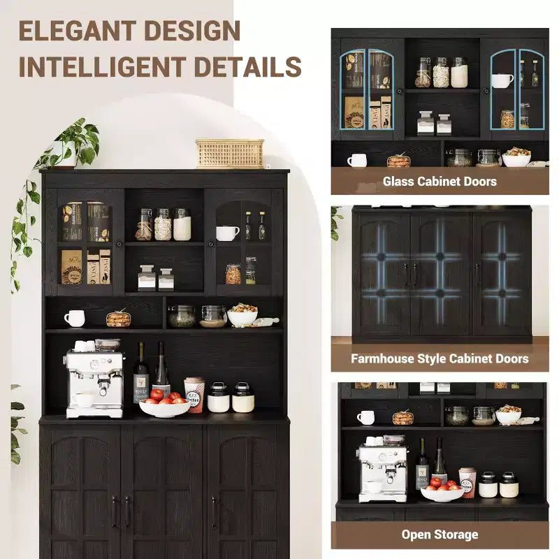 70.9" Tall Pantry Cabinet with Glass Doors, Kitchen Storage with Hutch for Dining Room and Living Room