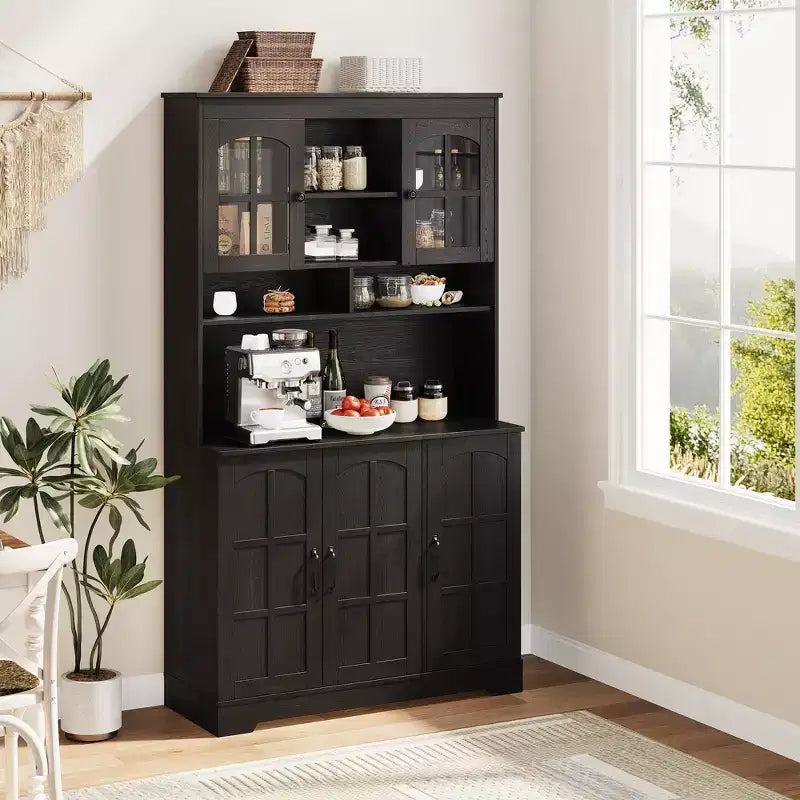 70.9" Tall Pantry Cabinet with Glass Doors, Kitchen Storage with Hutch for Dining Room and Living Room