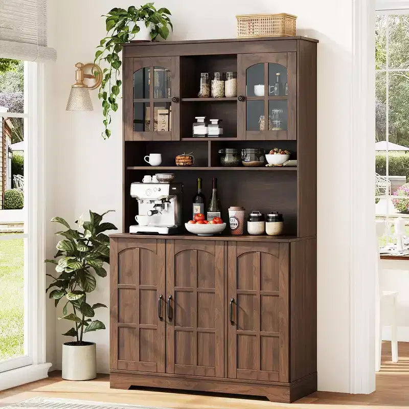 70.9" Tall Pantry Cabinet with Glass Doors, Kitchen Storage with Hutch for Dining Room and Living Room