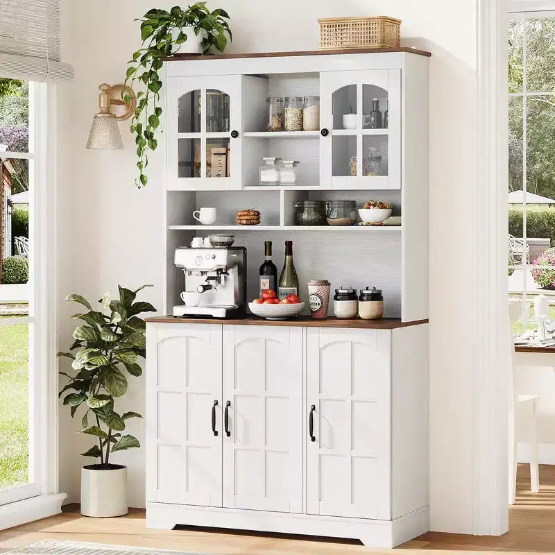 70.9" Tall Pantry Cabinet with Glass Doors, Kitchen Storage with Hutch for Dining Room and Living Room