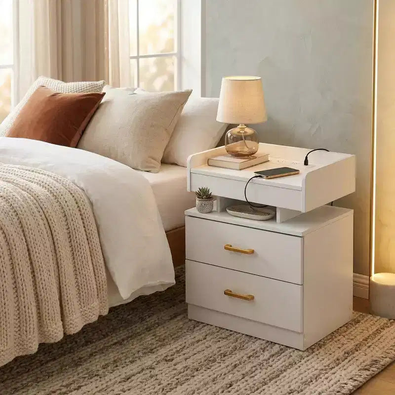 Floating Nightstand with LED Lights and USB Charging, 2-Drawer Bedside Table