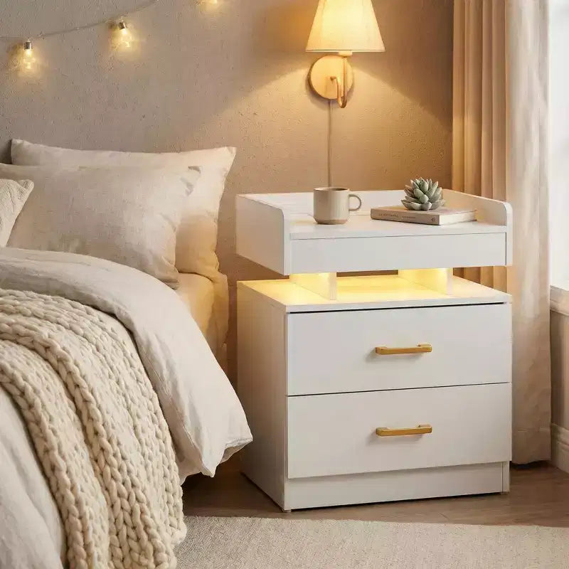 Floating Nightstand with LED Lights and USB Charging, 2-Drawer Bedside Table