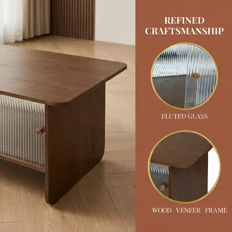 Modern Rectangular Coffee Table with Fluted Glass Sliding Door and Storage