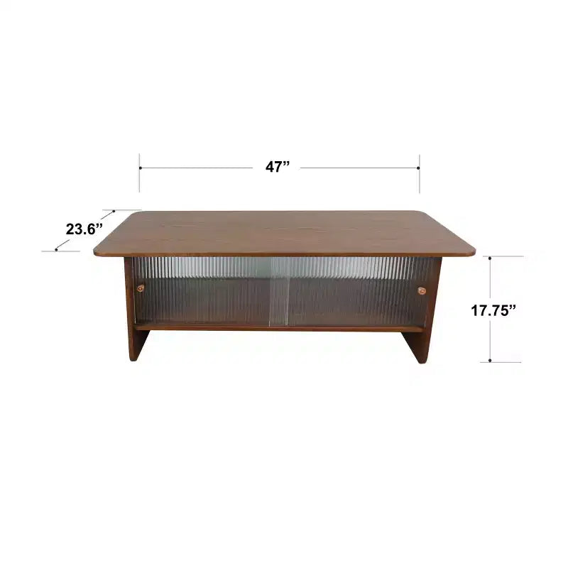 Modern Rectangular Coffee Table with Fluted Glass Sliding Door and Storage