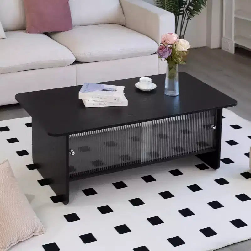 Modern Rectangular Coffee Table with Fluted Glass Sliding Door and Storage