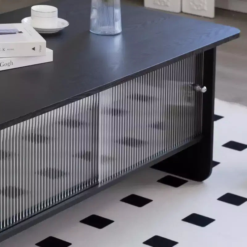 Modern Rectangular Coffee Table with Fluted Glass Sliding Door and Storage