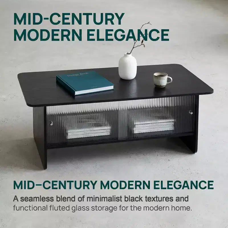 Modern Rectangular Coffee Table with Fluted Glass Sliding Door and Storage