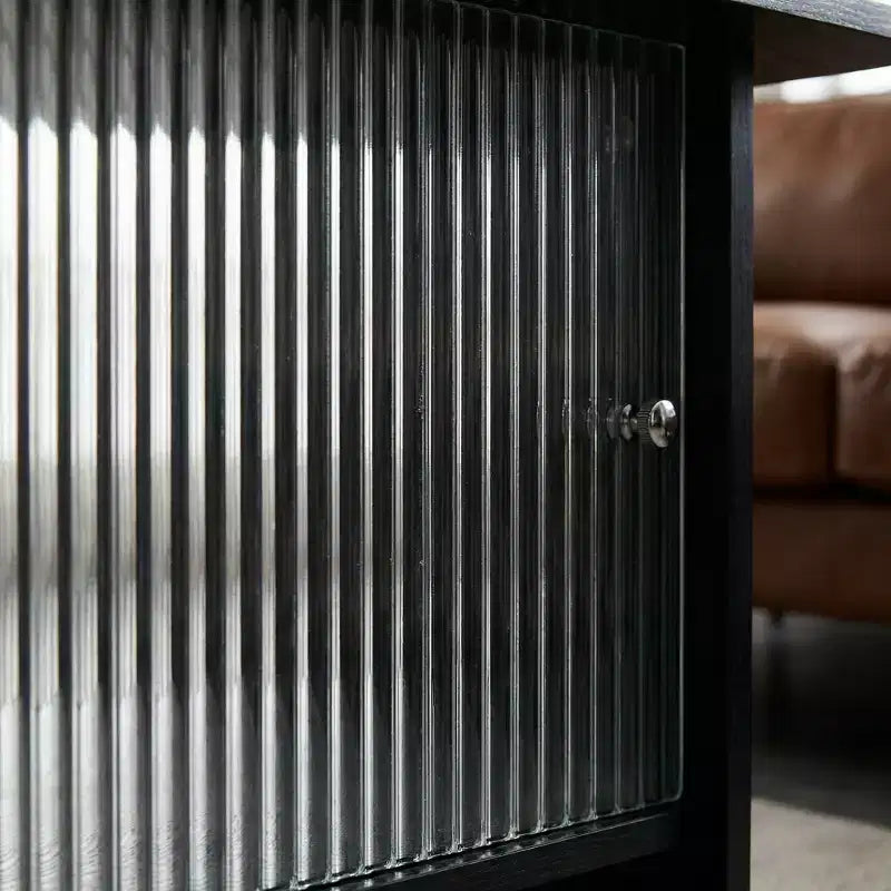 Modern Rectangular Coffee Table with Fluted Glass Sliding Door and Storage