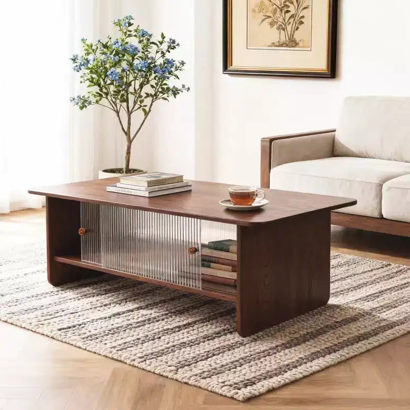 Modern Rectangular Coffee Table with Fluted Glass Sliding Door and Storage