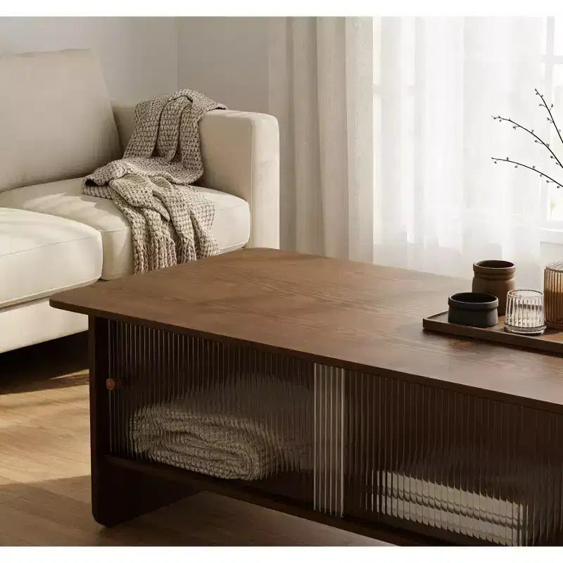 Modern Rectangular Coffee Table with Fluted Glass Sliding Door and Storage