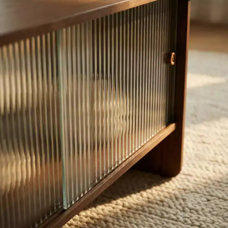 Modern Rectangular Coffee Table with Fluted Glass Sliding Door and Storage