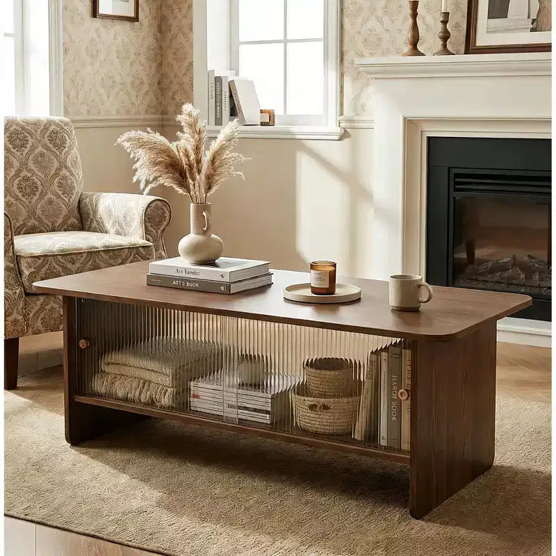 Modern Rectangular Coffee Table with Fluted Glass Sliding Door and Storage