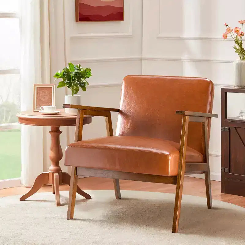 Mid-Century Modern Accent Chair, 5.9" Thick Cushioned Seat, 300 lbs Capacity Solid Wood Frame Armchair for Living Room, Bedroom
