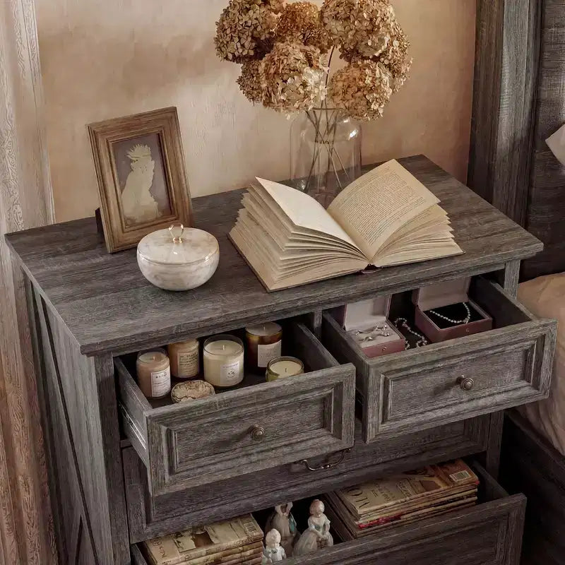 Farmhouse Nightstand Bedside Table, 5-Drawer Chest Dresser with Antique Bronze Knobs, Bedroom Storage