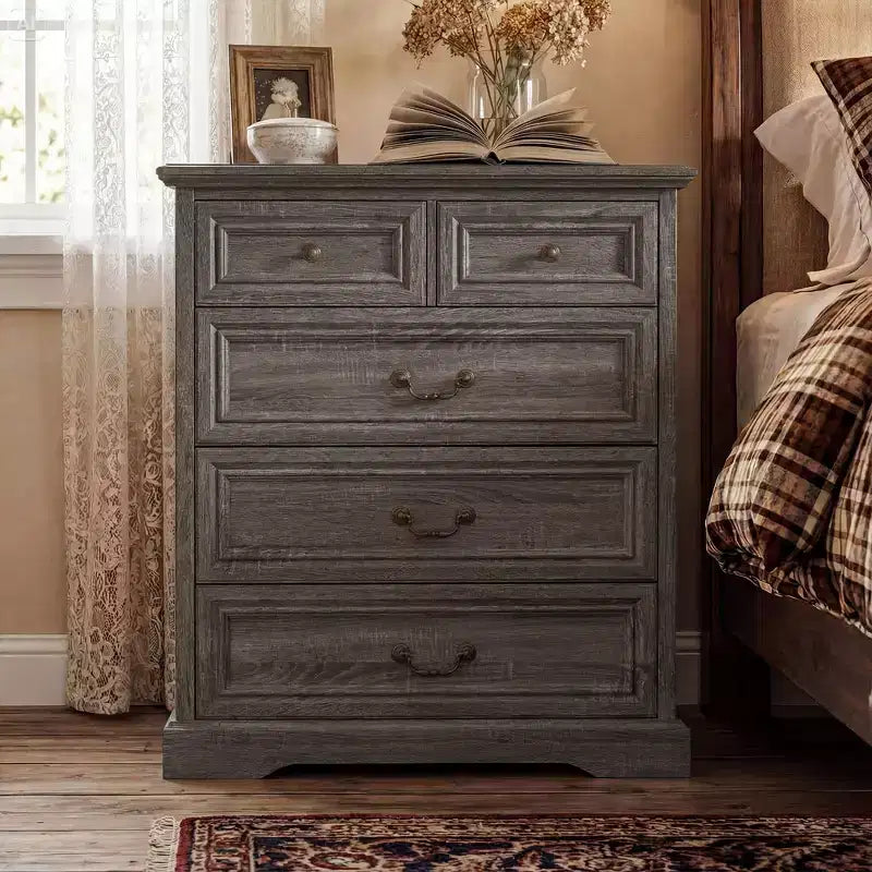 Farmhouse Nightstand Bedside Table, 5-Drawer Chest Dresser with Antique Bronze Knobs, Bedroom Storage