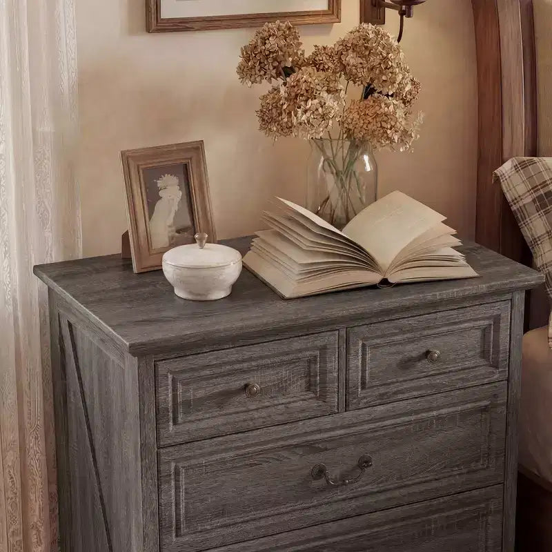 Farmhouse Nightstand Bedside Table, 5-Drawer Chest Dresser with Antique Bronze Knobs, Bedroom Storage