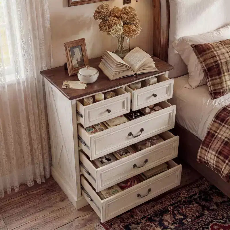 Farmhouse Nightstand Bedside Table, 5-Drawer Chest Dresser with Antique Bronze Knobs, Bedroom Storage