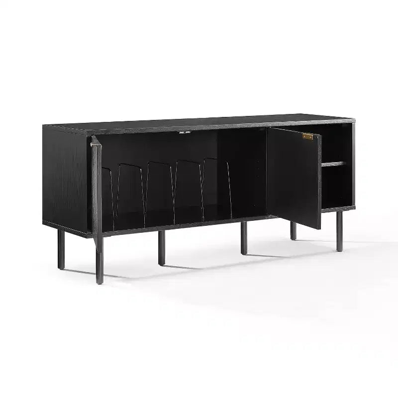 54" Record Storage Sideboard, Black Oak Wood Grain with Brass Handles and Cable Management