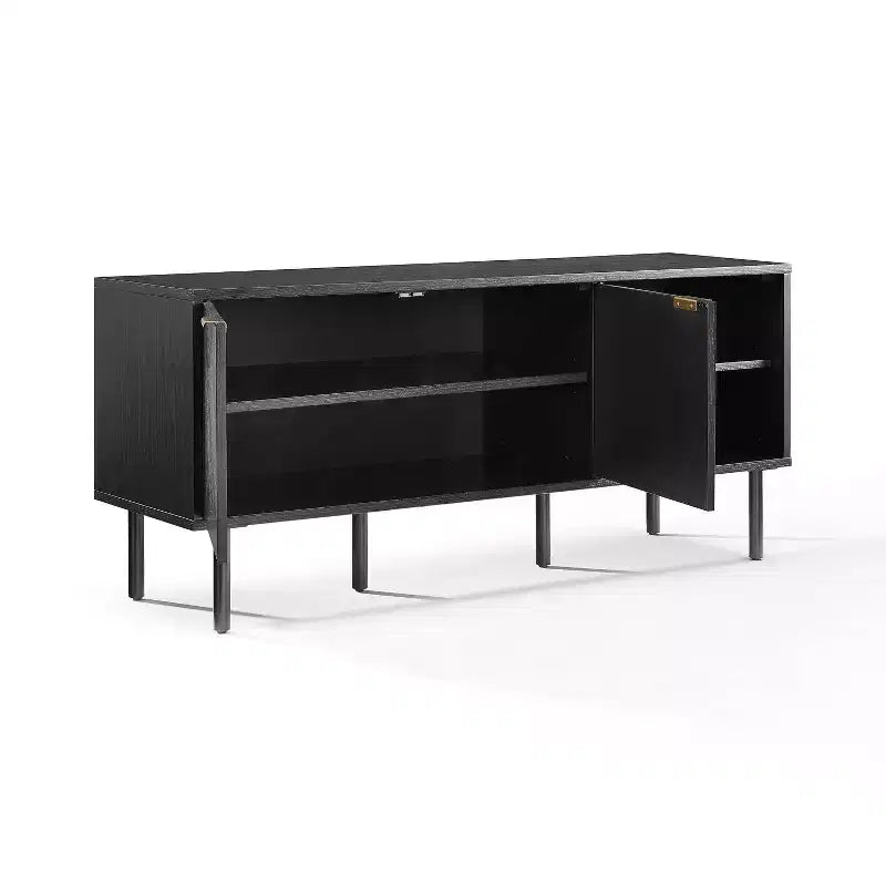 54" Record Storage Sideboard, Black Oak Wood Grain with Brass Handles and Cable Management