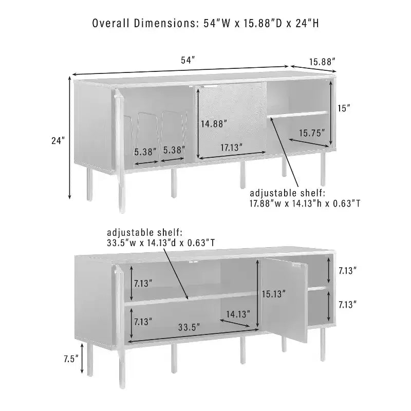 54" Record Storage Sideboard, Black Oak Wood Grain with Brass Handles and Cable Management