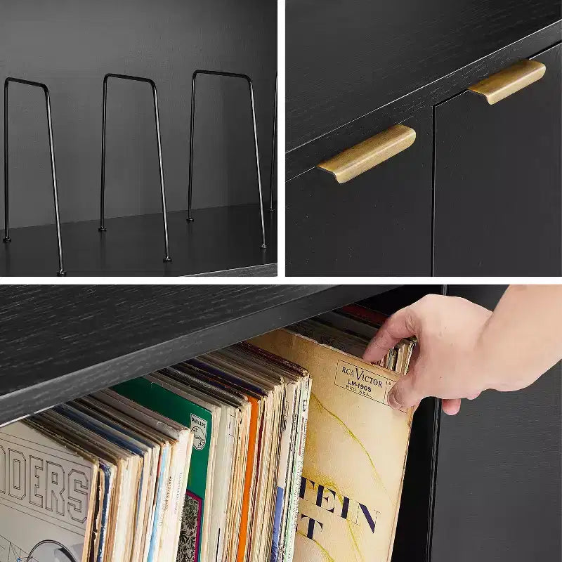 54" Record Storage Sideboard, Black Oak Wood Grain with Brass Handles and Cable Management