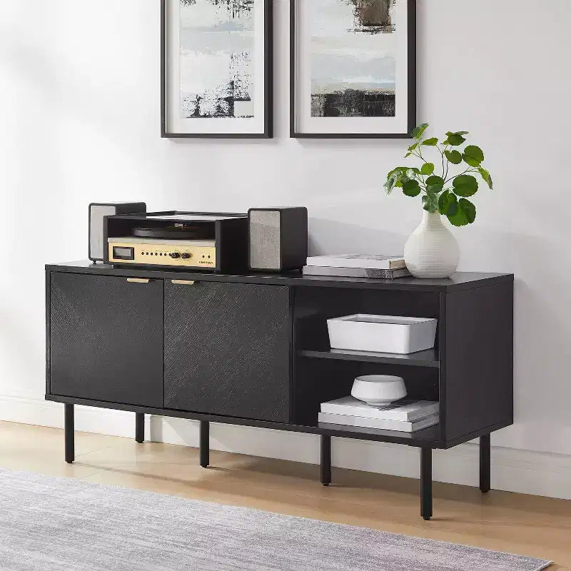 54" Record Storage Sideboard, Black Oak Wood Grain with Brass Handles and Cable Management