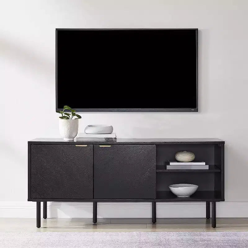 54" Record Storage Sideboard, Black Oak Wood Grain with Brass Handles and Cable Management
