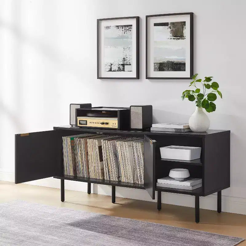 54" Record Storage Sideboard, Black Oak Wood Grain with Brass Handles and Cable Management