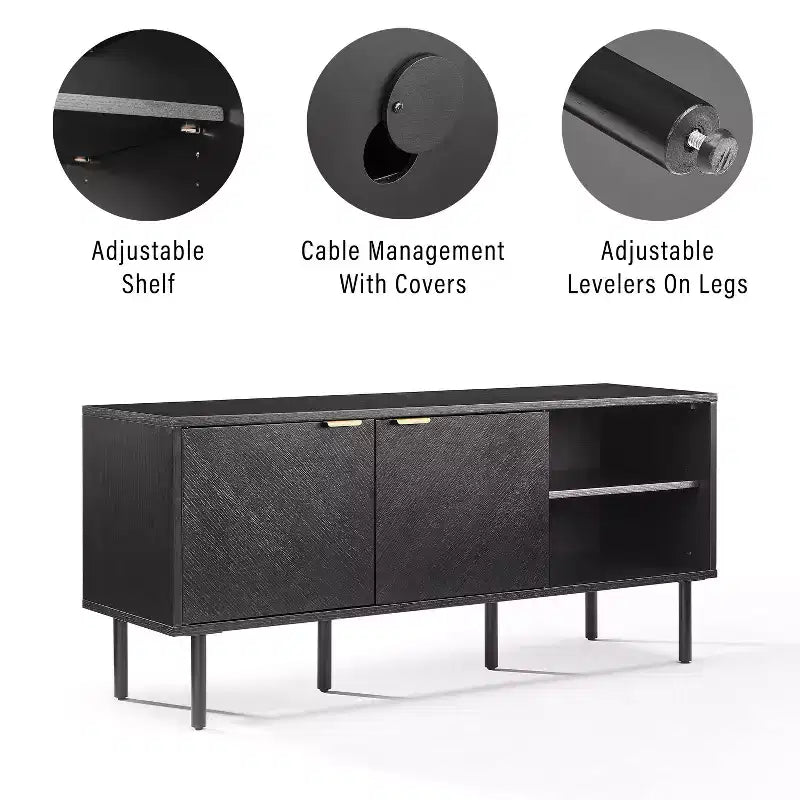 54" Record Storage Sideboard, Black Oak Wood Grain with Brass Handles and Cable Management