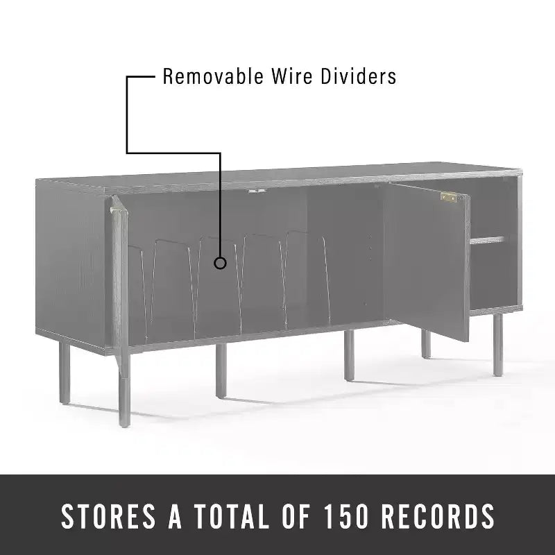 54" Record Storage Sideboard, Black Oak Wood Grain with Brass Handles and Cable Management