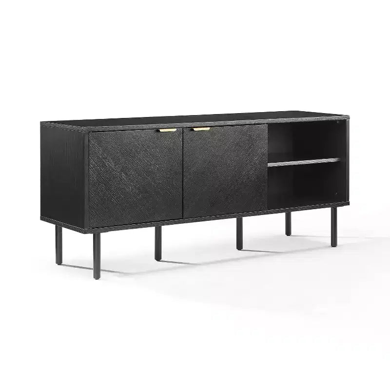54" Record Storage Sideboard, Black Oak Wood Grain with Brass Handles and Cable Management