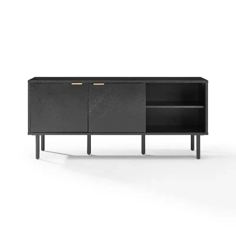 54" Record Storage Sideboard, Black Oak Wood Grain with Brass Handles and Cable Management