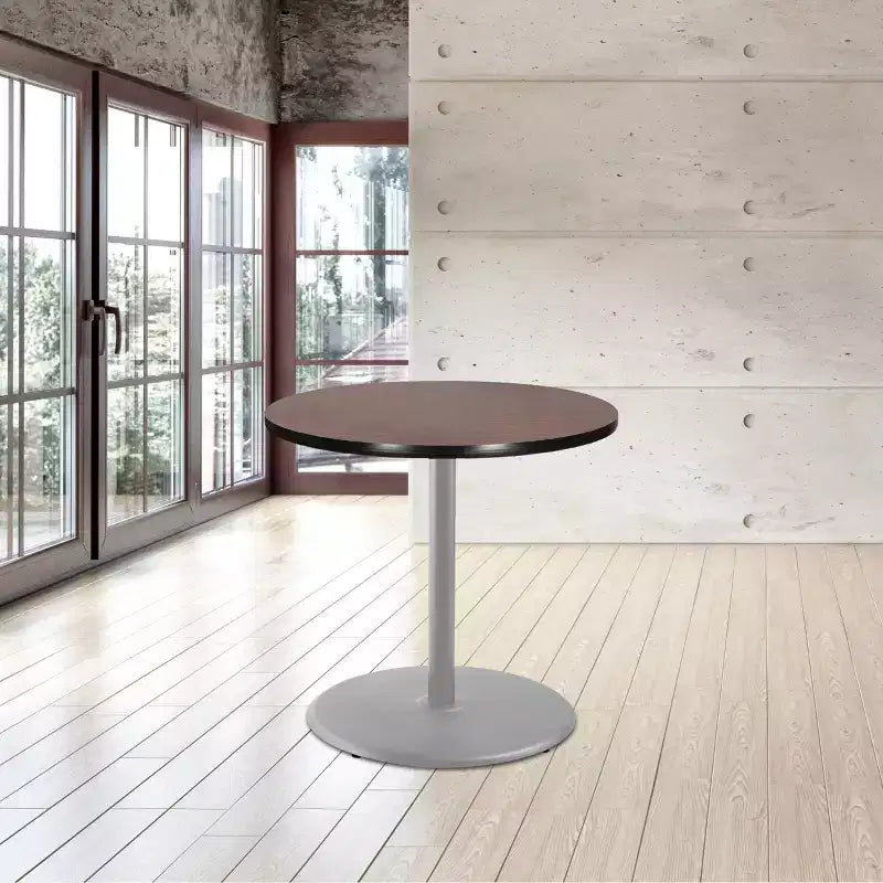 36" Round Dining Table, Gray Steel Pedestal Base with Laminate Top