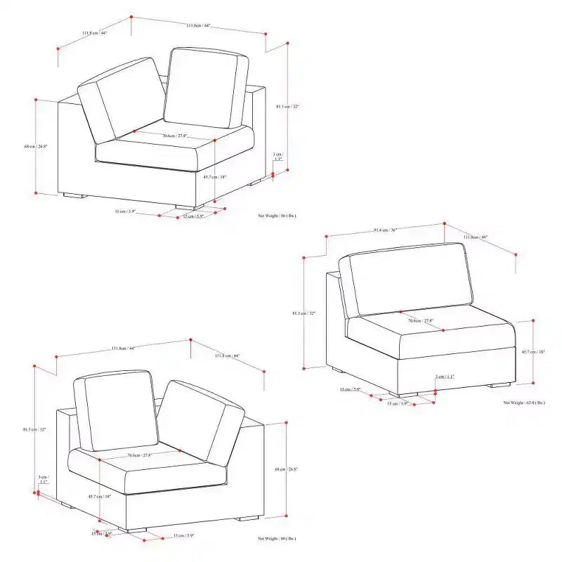 3-Seater Modular Sofa, Cloud Gray, 124.6" Wide