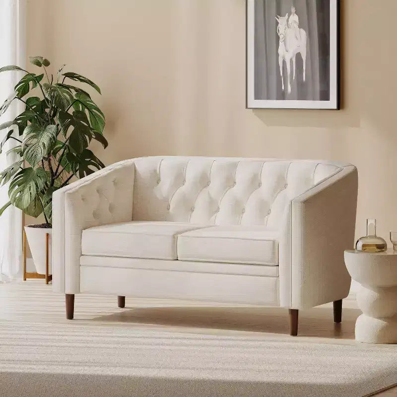 Tufted Loveseat with Button-Tufted Diamond Stitch, Beige/Espresso