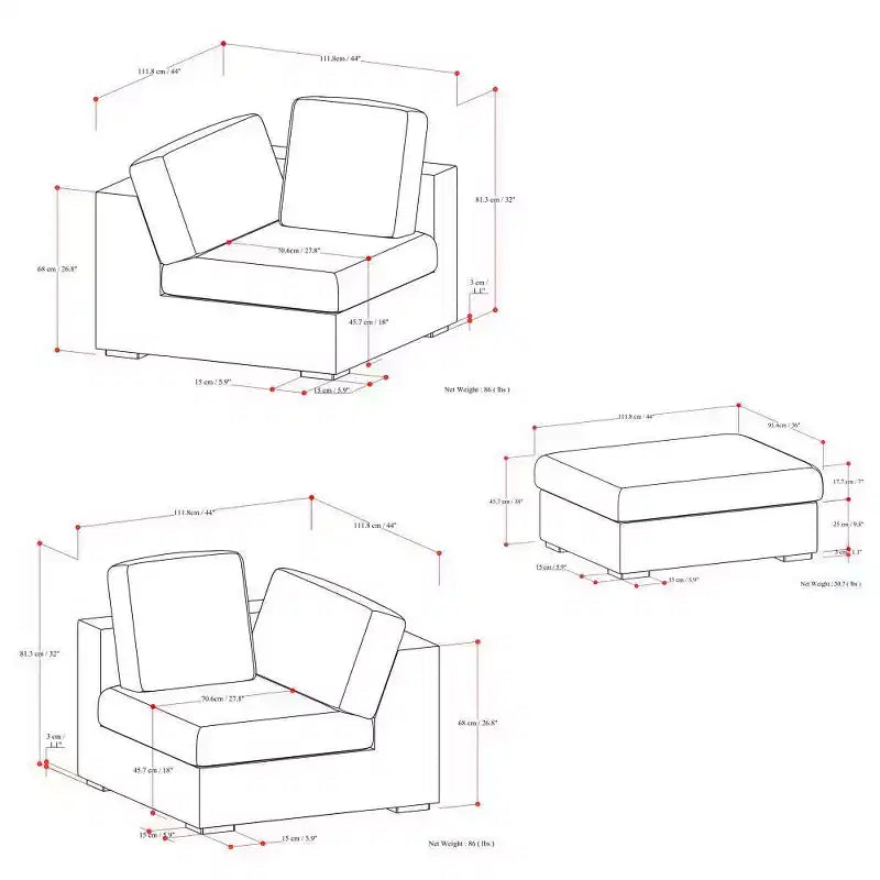2-Seater Modular Sofa and Ottoman, Cloud Gray