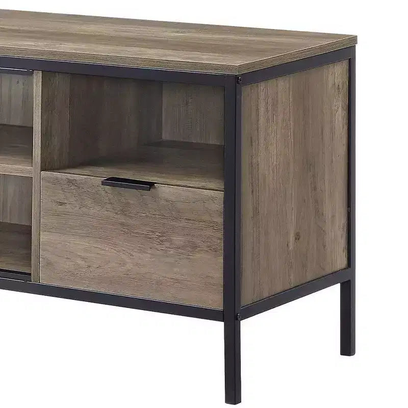 TV Stand for TVs up to 50", Rustic Oak and Black Finish, 1 Drawer and 3 Storage Compartments