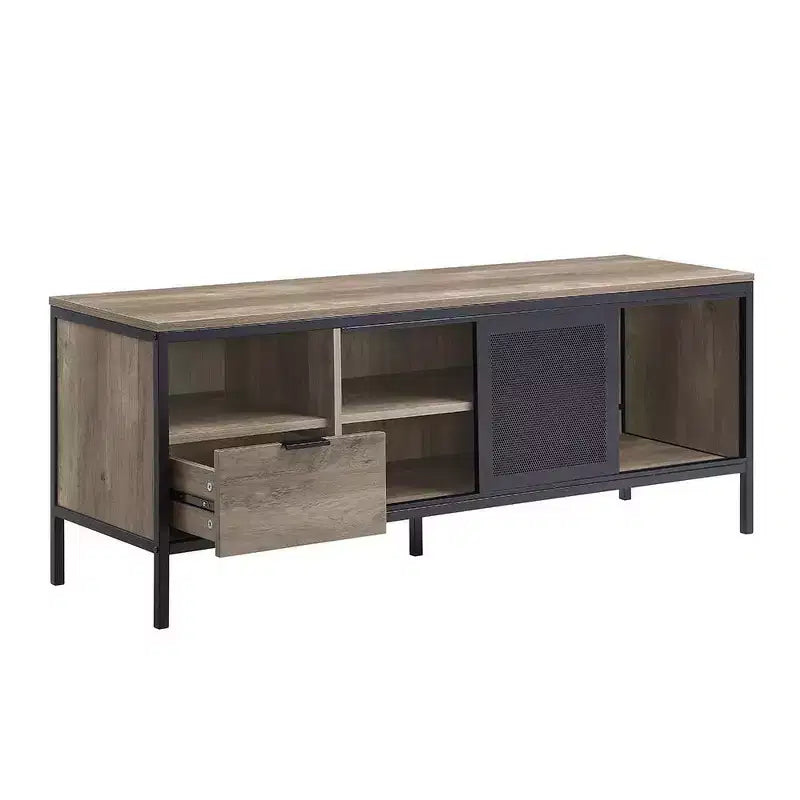 TV Stand for TVs up to 50", Rustic Oak and Black Finish, 1 Drawer and 3 Storage Compartments