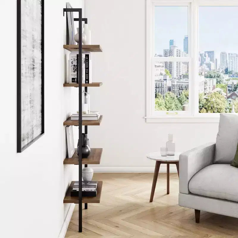 72.5" Industrial 5-Tier Ladder Bookshelf, Metal Frame with Oak-Laminate Shelves, Brown