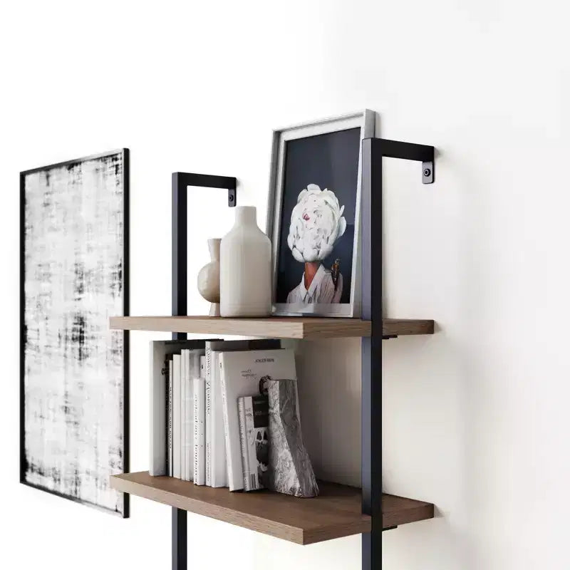 72.5" Industrial 5-Tier Ladder Bookshelf, Metal Frame with Oak-Laminate Shelves, Brown