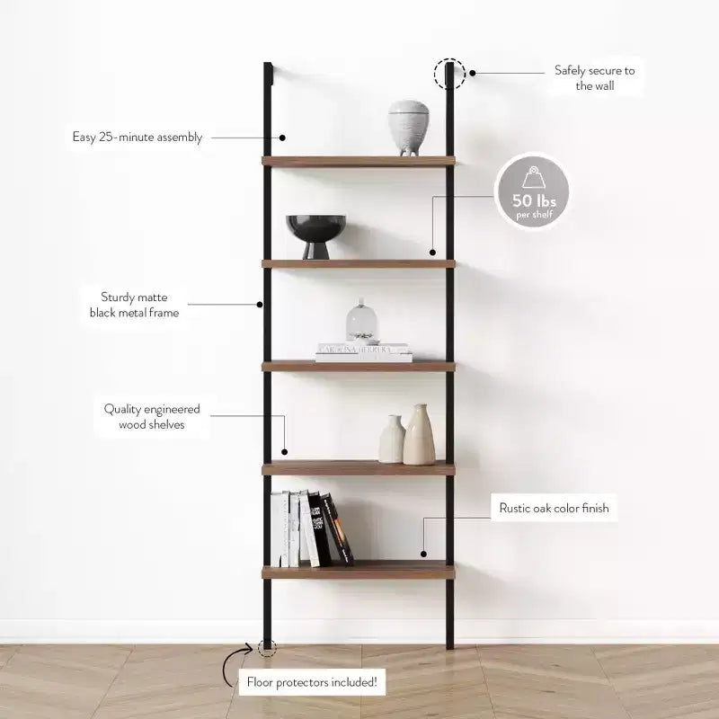 72.5" Industrial 5-Tier Ladder Bookshelf, Metal Frame with Oak-Laminate Shelves, Brown