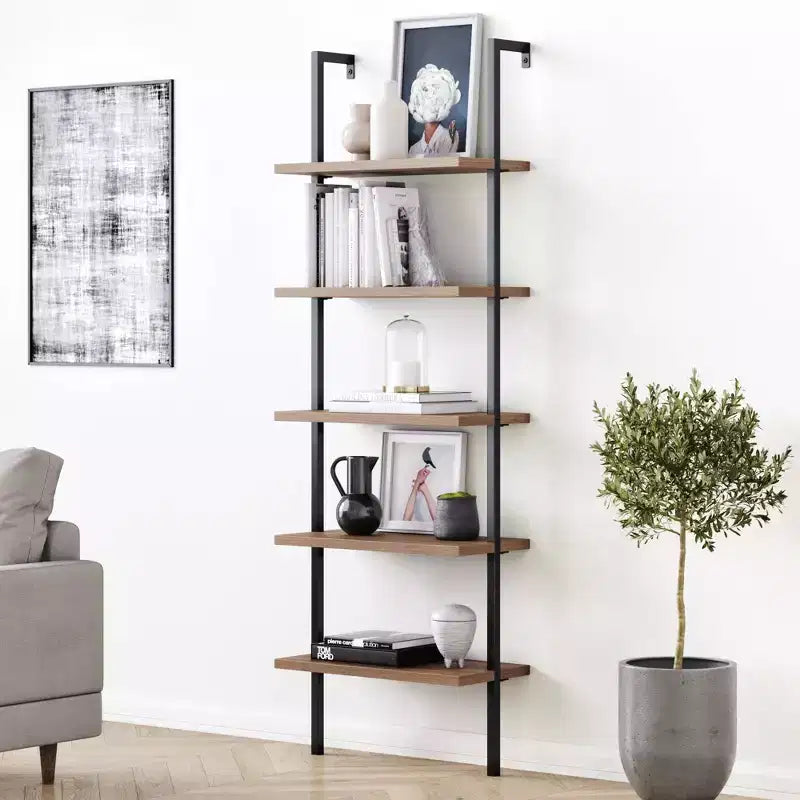 72.5" Industrial 5-Tier Ladder Bookshelf, Metal Frame with Oak-Laminate Shelves, Brown