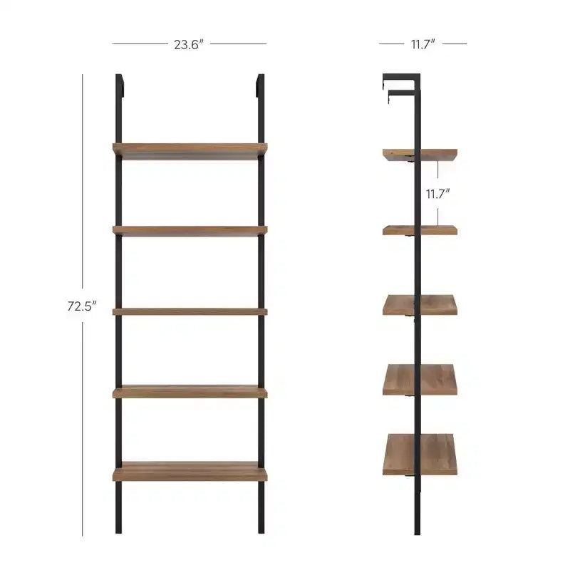 72.5" Industrial 5-Tier Ladder Bookshelf, Metal Frame with Oak-Laminate Shelves, Brown