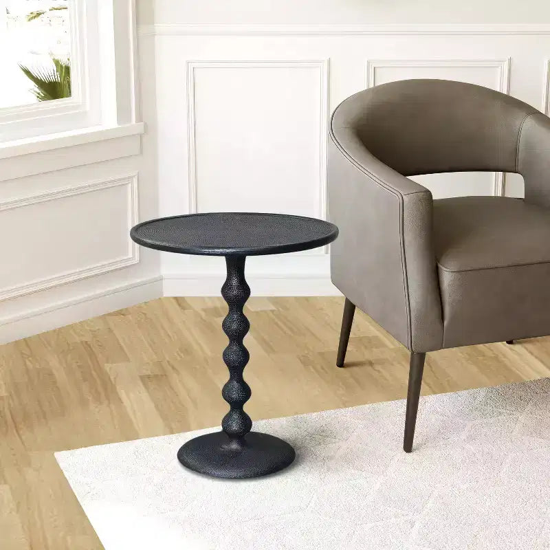 22" Round Side End Table, Cast Aluminum with Hammered Texture, Black