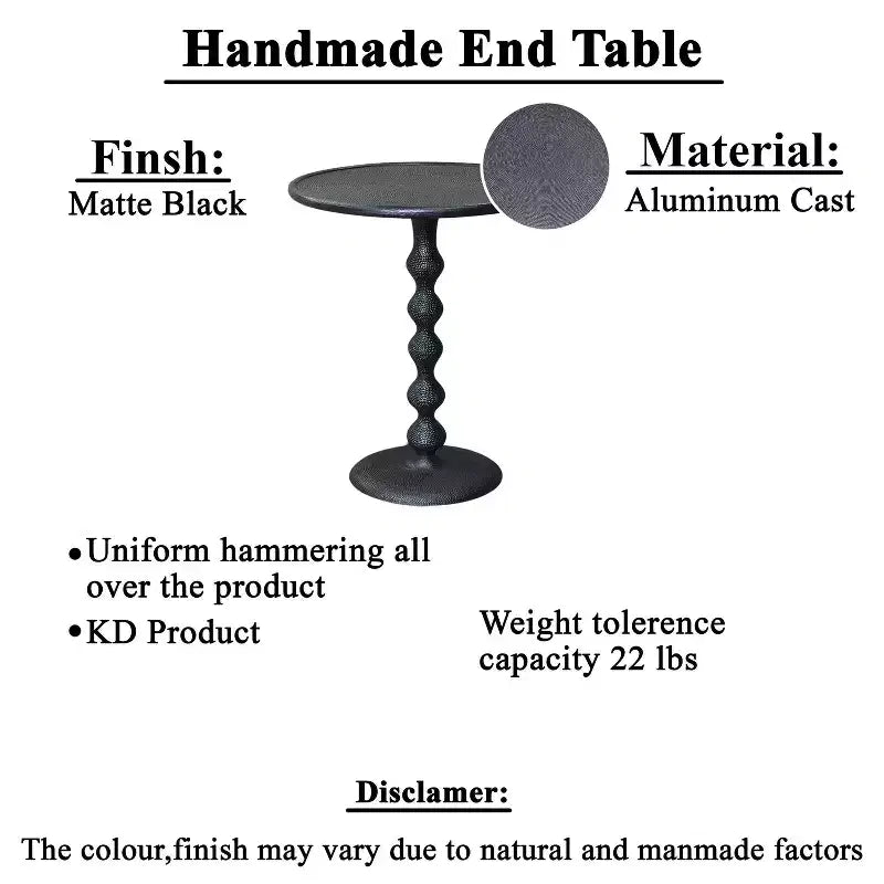 22" Round Side End Table, Cast Aluminum with Hammered Texture, Black