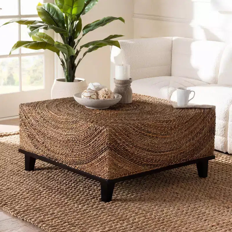 Bohemian Square Coffee Table, Natural Seagrass and Espresso Brown