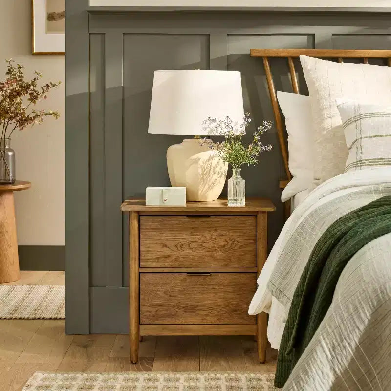 Wood and Cane 2-Drawer Nightstand, Aged Oak Finish