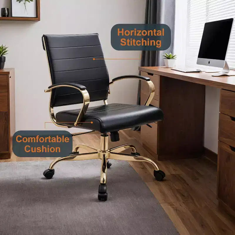 Leather Office Chair with Gold Accents, Adjustable Height and Swivel Base, Ergonomic Design for Home Office